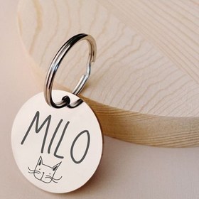 تصویر پلاک دایره مدل MILO - 3.5سانت / 5 حک / نقره ای 