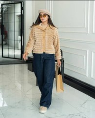 تصویر کاپشن بامبر دخترانه و زنانه پوست پله ای یقه چرم 