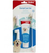 تصویر ست مسواک و خمیر دندان مناسب سگ با طعم گوشت برند بیولاین Bioline Dental Care Set Pet Toothpaste Taste Of Meat 100g