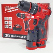 تصویر دریل شارژی میلواکی مدل M24 با موتور براشلس و ۲ باتری 