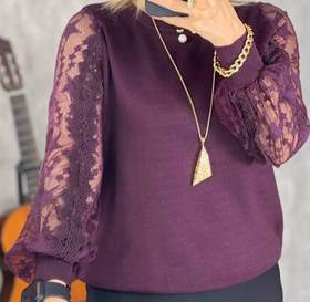 تصویر بافت زنانه مجلسی آستین گیپور طرح گل درشت 