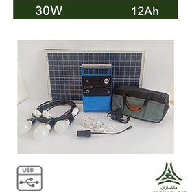تصویر پکیج خورشیدی 30 وات دارای 3 لامپ 3 وات مناسب روشنایی و شارژ موبایل 