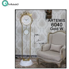 تصویر ساعت ایستاده آرتمیس مدل 6040، ساعت سالنی با پایه های زیبا ، دارای یک ساعت کوچک به عنوان ثانیه شمار جدا، در چهار رنگ، موتور آرامگرد تایوانی ، رنگ طلایی سفید 