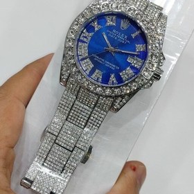 تصویر ساعت رولکس فول استون نگین دار بند نقره ای صفحه ابی ROLEX کد1439 