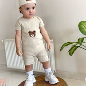 تصویر رامپر نخی کبریتی نوزاد و بچه گانه کرمی تدی Baby cotton rompers 