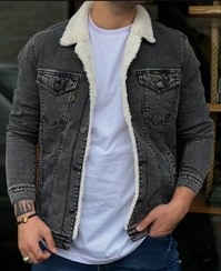 تصویر کت جین دودی مردانه خز بره ای | اسلیم فیت 