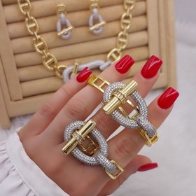 تصویر ست دستبند و انگشتر هرمس استیل با نگین مخراجکاری شده 