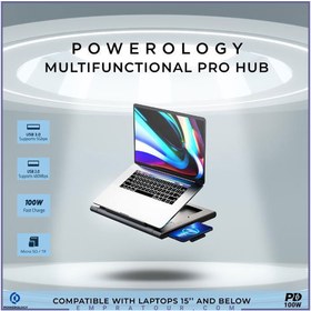 تصویر هاب 11 پورت و استند لپ تاپ پاورولوژی Powerology Multi-Functional Pro Hub PWPROHUB 
