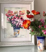 تصویر نقاشی آبرنگ گل های شاد در گلدان ابی 