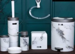 تصویر ست 5 پارچه مدل اکونومی ماربل سفید طوسی بتیس - ست 5 پارچه(بدونآویز حوله و جادستمالی) 