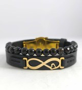 تصویر دستبند چرم و طلا طرح بینهایت و قلب 