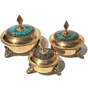 تصویر ست سه تایی قندان برنجی مزین با سنگ های فیروزه ای طبیعی 