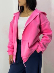 تصویر سویشرت کلاهدار دورس سه‌ نخ جلوزیپ فری‌سایز گرم - طوسی 