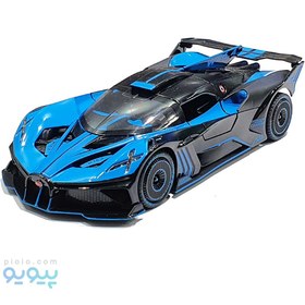 تصویر ماکت فلزی ماشین بوگاتی بولاید Bugatti Bolide دودزا رنگ آبی مقیاس 1.24 طول حدود 20 سانتی متر 