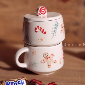 تصویر فنجون و قندون سرامیکی دستساز طرح کریسمس Handmade ceramic cup & sugarcane christmas design