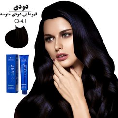 تصویر رنگ مو کد 1-4 (C3) رنگ قهوه‌ای دودی متوسط حجم 100 میل جوو Jevo hair color, code 1-4 (C3) , volume 100 ml, medium smoky brown color