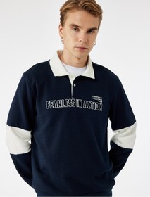 تصویر Uzun Kollu Renk Kontrastlı Baskılı Polo Yaka Sweatshirt 
