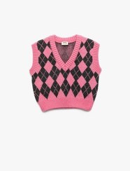 تصویر ژاکت جلو باز صورتی زنانه یقه وی با طرح الماس بافت نرم Koton 