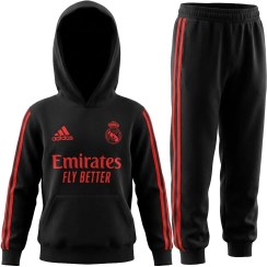 تصویر ست هودی و شلوار نخی بچگانه تو کرکی مدل رئال مادرید رنگ مشکی قرمز(3-8سال) Boys' fluffy hoodie and cotton pants set, ck model, black color