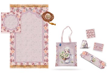 تصویر ست پنج تیکه سجاده جانماز ، کیف ، جامدادی،جامهری ، کیف متبرک ویژه جشن تکلیف جنس مخمل مبلی و چاپ سابلیمیشن