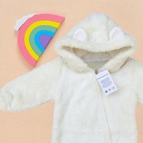 تصویر لباس سرهمی خزدار نوزادی بره ای کلاهدار نسکافه ای تدی Baby warm jumpsuits 