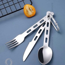 تصویر قاشق و چنگال و چاقو کارابین دار Set of carabiner travel forks and spoons