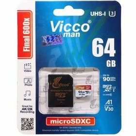 تصویر کارت حافظه microSDXC ویکومن مدل 600x plus کلاس 10 استاندارد UHS-I U3 A1 V30 سرعت 90MBs ظرفیت 64 گیگابایت به همراه آداپتور SD 