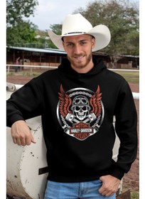 تصویر سوئیشرت مردانه کلاهدار ضخیم با طرح جمجمه بایکری مشکی برند rock&roll Biker Skull Black Hooded Thick Men's Sweatshirt