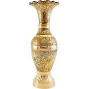 تصویر گلدان برنجی پایه راه راه طرح طاووس 