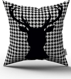 تصویر روکش بالش دیجیتالی با طرح شطرنجی سیاه و سفید و الگوی گوزن برند cango home Black and White Houndstooth and Deer Patterned Digital Printed Throw Pillow Cover