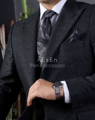 تصویر ست کراوات و پوشت مردانه NESEN - طرح برگ طوسی نقره‌ای T115 