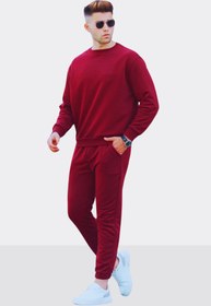تصویر ست لباس ورزشی ساده مردانه یقه خدمه قرمز پایه با روبان 3 نخی YKMLBETKE1 