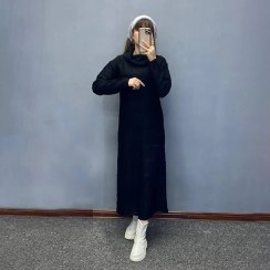 تصویر پیراهن ماکسی یقه اسکی شل جنس پارچه بوکله