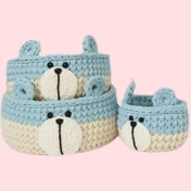 تصویر سبد قلاب بافی تریکو طرح خرسی مجموعه ۳ عددی 