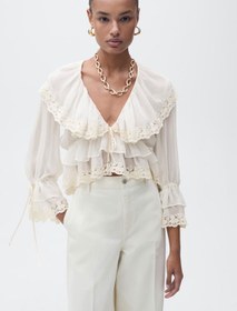 تصویر شومیز چین دار دانتل زنانه منگو MANGO Blouse with ruffle and lace details 