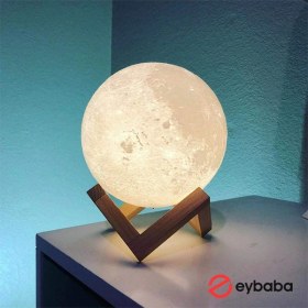 تصویر چراغ خواب طرح ماه با پایه چوبی 