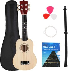 تصویر ساز یوکللی FUYXAN FUYXAN Soprano Ukulele Starter Kit 21 Inch Hawaiian Guitar Musical Instrument Kit with Ukulele Tuner + Strings + Pick + Strap +Carrying Bag + Booklet for Beginners Students Kids Adult, Wood Color 21 inch Wood