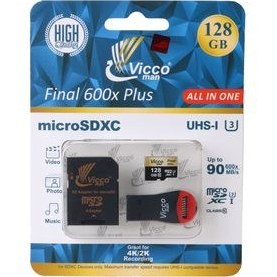 تصویر کارت حافظه microSDXC ویکومن مدل Final 600x plus کلاس 10 استاندارد UHS-I U3 سرعت 90MBs ظرفیت 128 گیگابایت به همراه آداپتور SD 