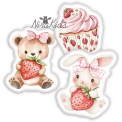 تصویر کوسن فانتزی طرح تدی و توت فرنگی 