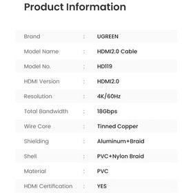 تصویر کابل HDMI یوگرین مدل 30999 HD119 طول 1 متر Cable HDMI Ugreen 30999 HD119 1m