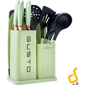 تصویر سرویس چاقو 12پارچه کاراجا مدل Gusto کد7246 Karaca Gusto Black 12 Pieces Knife Serving Cutting Board Set