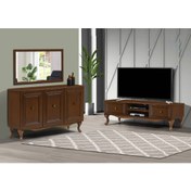 تصویر ست میز تلویزیون و کنسول چوبی مدل سم آهویی با آینه طرح دار 