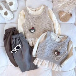 تصویر سه تیکه شومیز ، شلوار و جلیقه بافت بچگانه 1/5 سال تا 6 سال کد 9783 