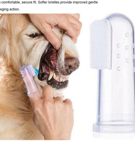 تصویر مسواک سیلیکونی انگشتی برای حیوانات خانگی با برس‌های نرم برند as seen on tv Fingertip pet Silicone toothbrush with soft Bristles for Pets