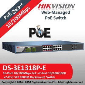 تصویر سوییچ 16 پورت هایک ویژن مدل DS-3E1318P-E Hikvision DS-3E1318P-E Web-Managed 16-Port 10/100Mbps PoE Switch