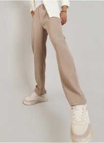 تصویر شلوار مردانه کرم با طرح چهارخانه بافت‌دار برند campus sutra Men's Beige Textured Graph Check Trousers