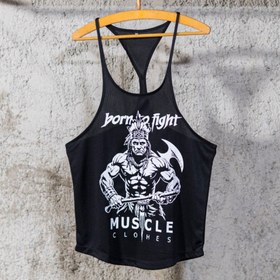 تصویر رکابی بدنسازی بند باریک مردانه حرفه ای مدل BORN TO FIGHT پارچه سوزنی تنفسی ضد تعریق رنگ مشکی با کیفیت 