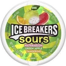 تصویر خوشبو کننده دهان بدون قند ترش آیس بریکرز با طعم هندوانه و سیب و پرتقال ice breakers 