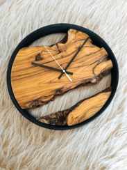 تصویر ساعت دیواری چوبی روستیک چوب زیتون جنگلی رینگ چوبی ۴لایه قطر30سانت Forest olive wood rustic wall clock