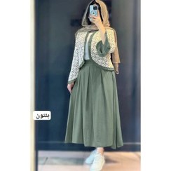 تصویر کت و دامن شانتون و گیپور مشکی سایز ۴۲ تا ۵۰ 